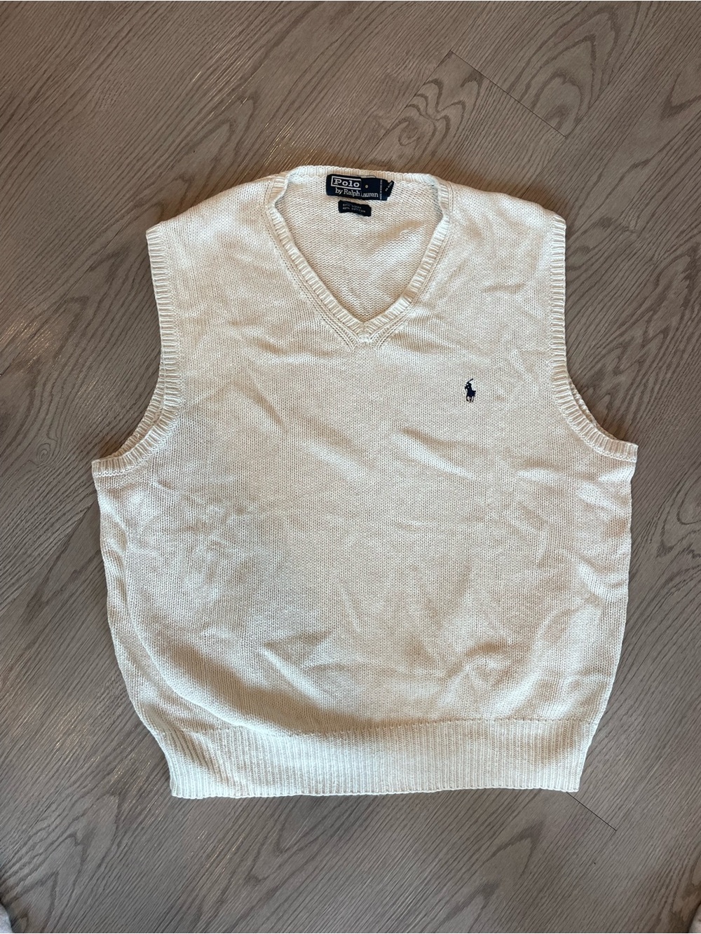 Ralph Lauren Men's Cream V-Neck Knit Sweater Vest with Navy Pony
